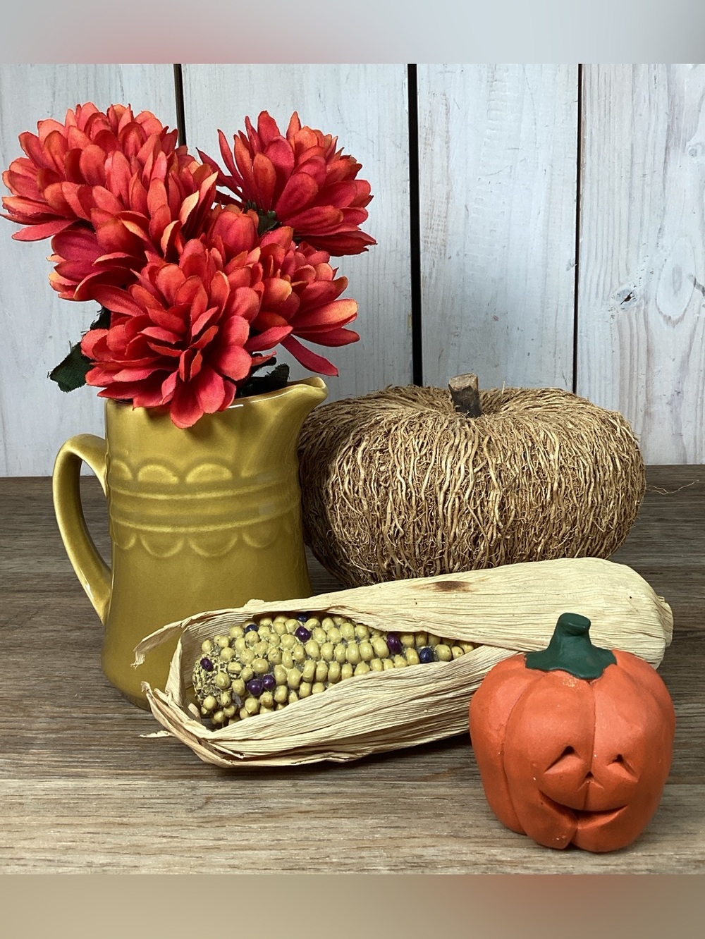 Fall Autumn Decor Pumpkin, Pitcher, Faux Flowers, Faux Corn